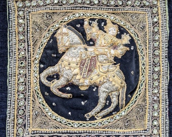 Vintage Burmese &#39;Kalaga&#39; Embroidered Tapestry, Traditional Folk Art Warrior on Horse, Heavily Embellished Appliqued Kalaga Wall Hanging.