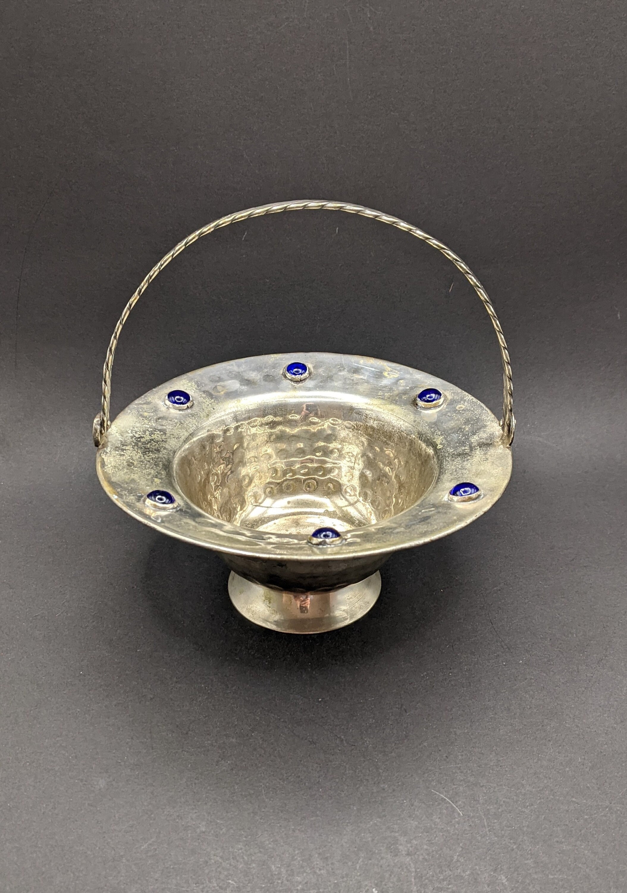 Vintage Arts and Crafts Hammered Silver Plated Bowl with Twisted Swing Handle & Cobalt Blue Cabochon Detail, Pedestal Sugar Bowl/Bonbon Dish