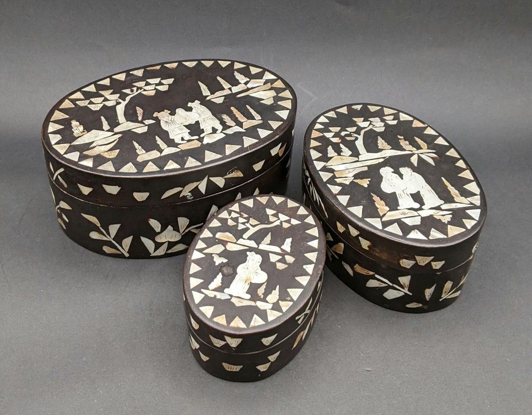 Antique Chinese Lacquered Papier Mache Boxes With Mother of Pearl Inlay ...