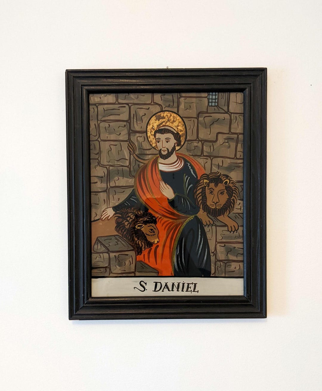 Saint Daniel Rudd Vintage German Reverse Painted Glass of 'saint Daniel and the Lion's ...