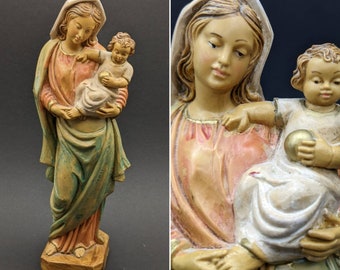 H. MALSINER Italy Madonna and Child, Vintage Mother Mary and Jesus Resin Figurine, Italian Religious Handpainted Statue, Jesus and Mary Art.
