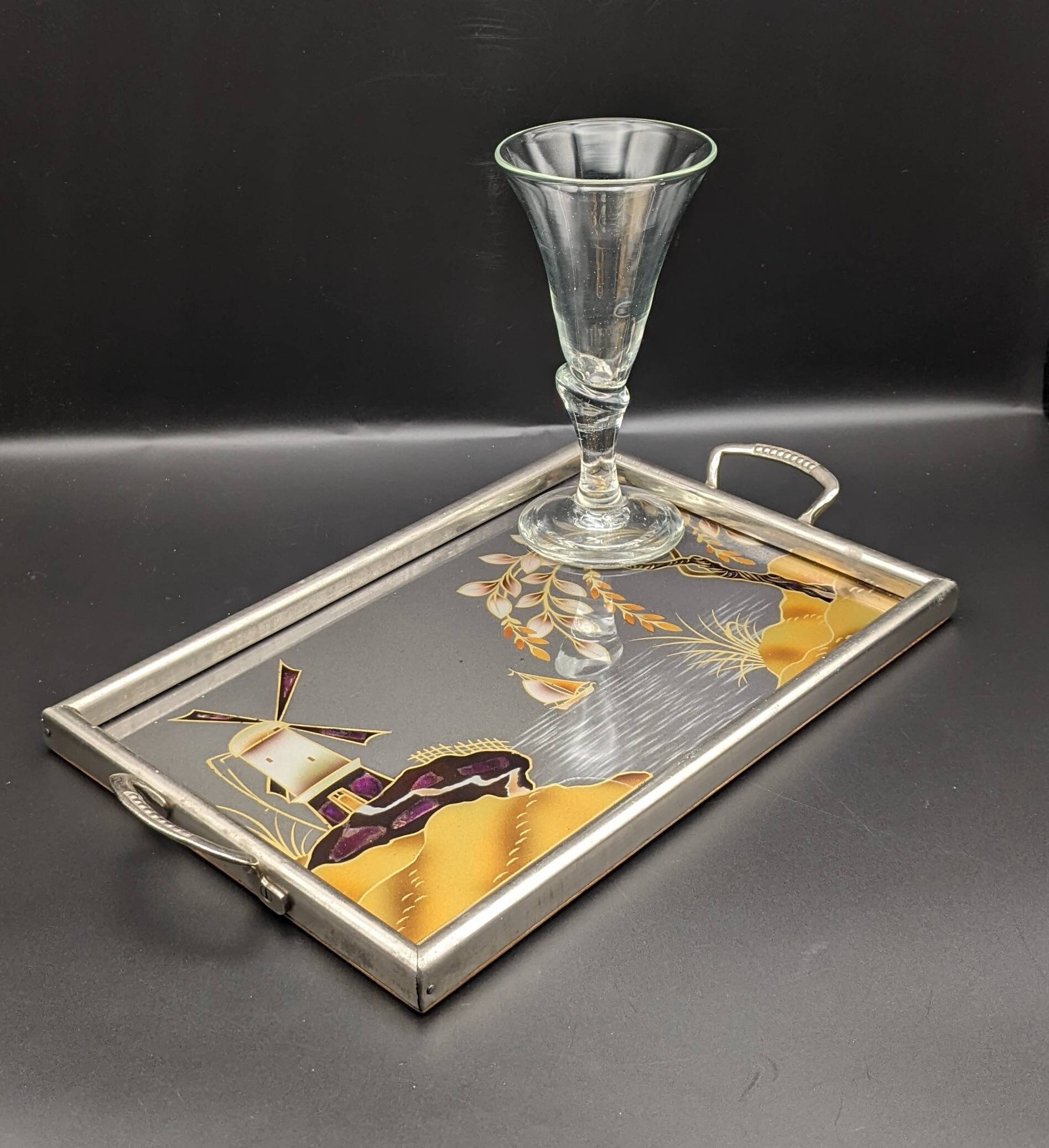 1930's Glass and Mother of Pearl Vanity Tray, Small Painted Tray With