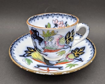 19th Century E.J.Ridgway & Abington 'Church Works' NOMA Teacup and Saucer, Handpainted Staffordshire Chinoiserie Style Cup and Saucer.