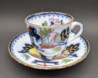 19th Century E.J.Ridgway & Abington &#39;Church Works&#39; NOMA Teacup and Saucer, Handpainted Staffordshire Chinoiserie Style Cup and Saucer.