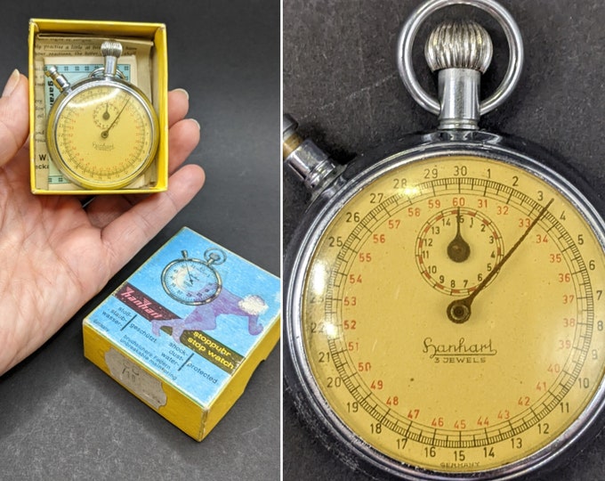 German HANHART Stopwatch 3 Jewels 1950's in Original Box, Shock Dust