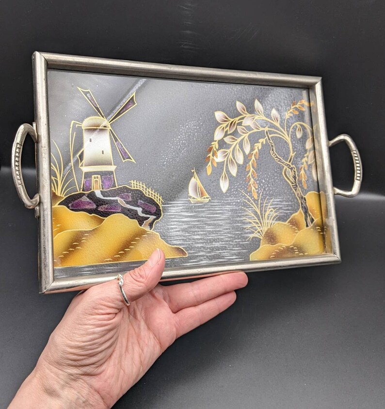 1930's Glass and Mother of Pearl Vanity Tray, Small Painted Tray With