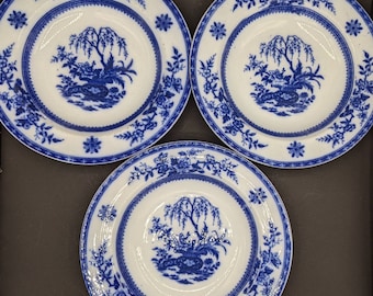 Antique FURNIVAL & SONS 'CEYLON' Flow Blue Soup Plates, Three Late 19th Century Stoke-On-Trent Potteries Transferware Soup Bowls, Ceylon 24.