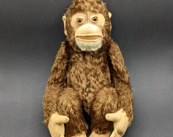 STEIFF JOCKO Monkey, 1950's German Sitting Mohair Chimpanzee, Collectible Vintage Stuffed Monkey, No Ear Button or Tag ID.