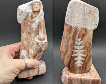 Native American NAVAJO Alabaster Schnitzerei, Navajo Volkskunst Skulptur von Häuptling oder Medizinmann, Vintage Sammlerstück Navajo Schnitzerei.