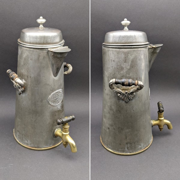 1930's ASH'S Kaffe Kanne, Pewter and Brass Jacketed Coffee Pot, Piston Freezing Machine Co, Late Victorian Double Wall Coffee Can with Tap.