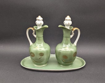 Japanese Porcelain Oil and Vinegar Cruet with Tray, Vintage Noritake Green and Gold Tableware, Mid Century O & V Cruet with Stoppers.