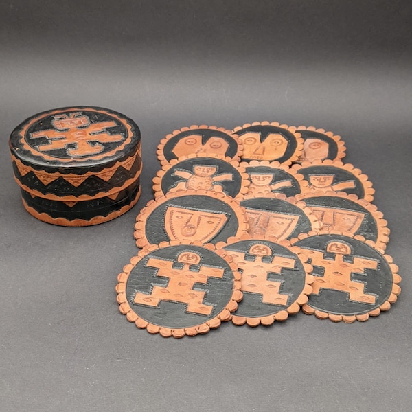 Colombian Tooled Leather Coasters x 12 in Wood & Leather Lidded Box, Handmade Incan/Aztec Inspired Leather Folk Art, South American Coasters