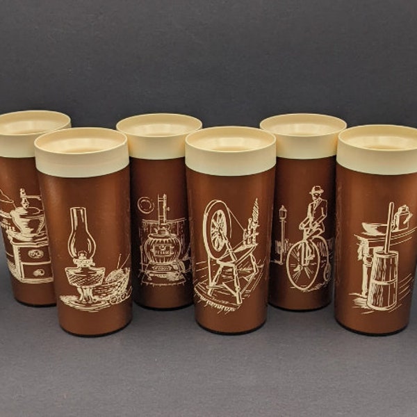 1960s WEST BEND Thermo-Serv Insulated Beaker Set Made in USA, Six Bronze Plastic Cups with Retro Images, 10 fl.oz Double Walled Cups.