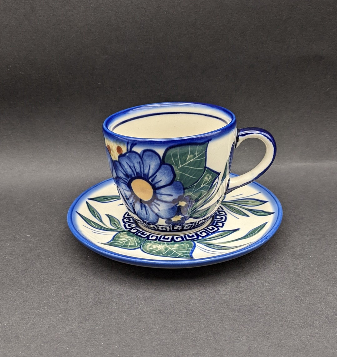BOLESLAWIEC Unikat Polish Pottery Cup and Saucer, Artist Signed