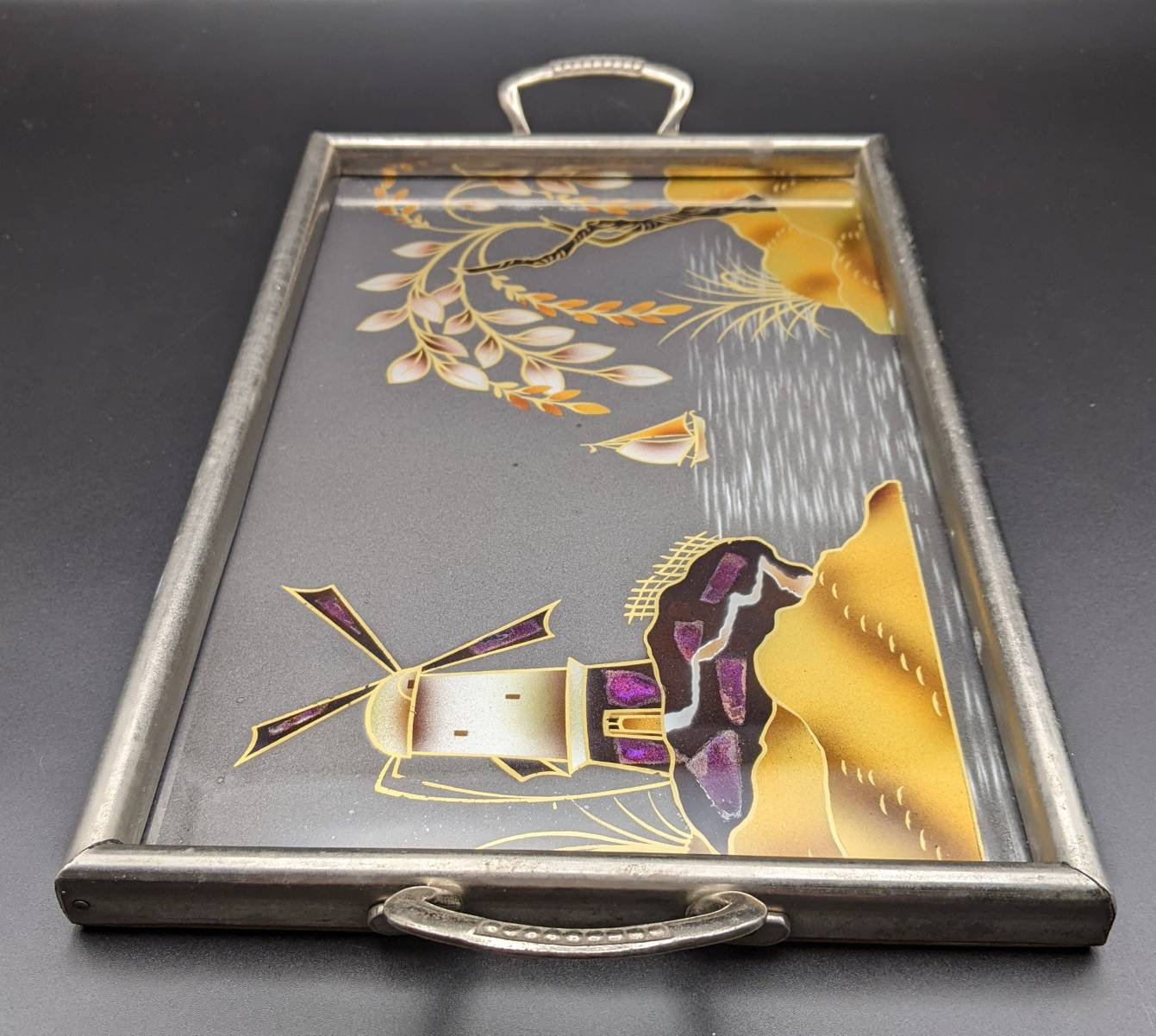 1930's Glass and Mother of Pearl Vanity Tray, Small Painted Tray With