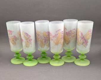 ITALY Satin Art Glass Flutes (Rueven Glass ?) 6 Handpainted Frosted Glasses Green Textured Stems, Unique Art Glass Champagne/Cordial Glasses