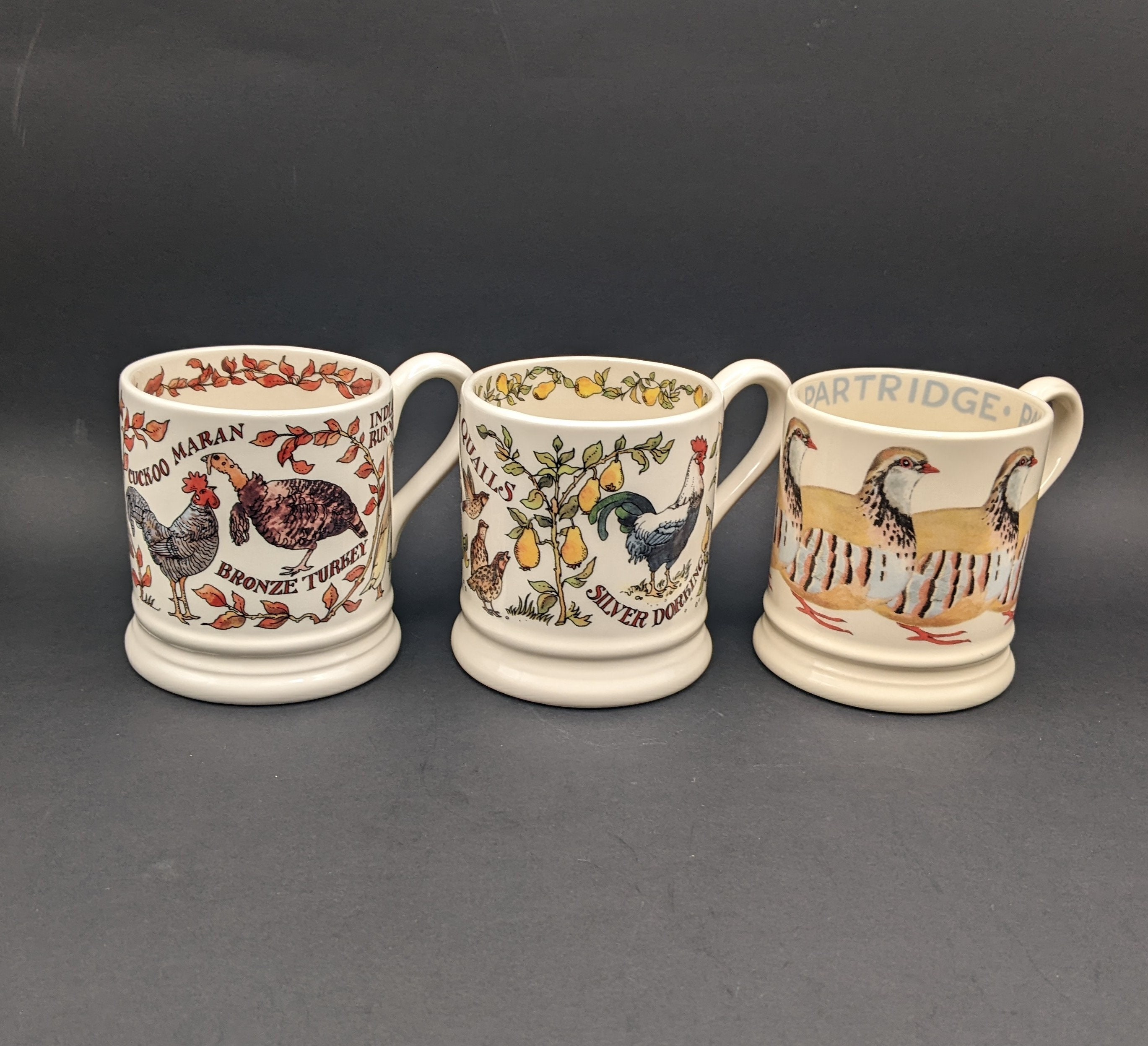 EMMA BRIDGEWATER Mugs X 3, Farmyard Birds/woods & Fields Series