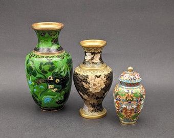 Three Vintage Cloisonne Vases, Chinese Cloisonne Bud Vases x 2, Miniature Chinese Cloisonne Lidded Urn/Ginger Jar, Enamelled Brass Vessels.