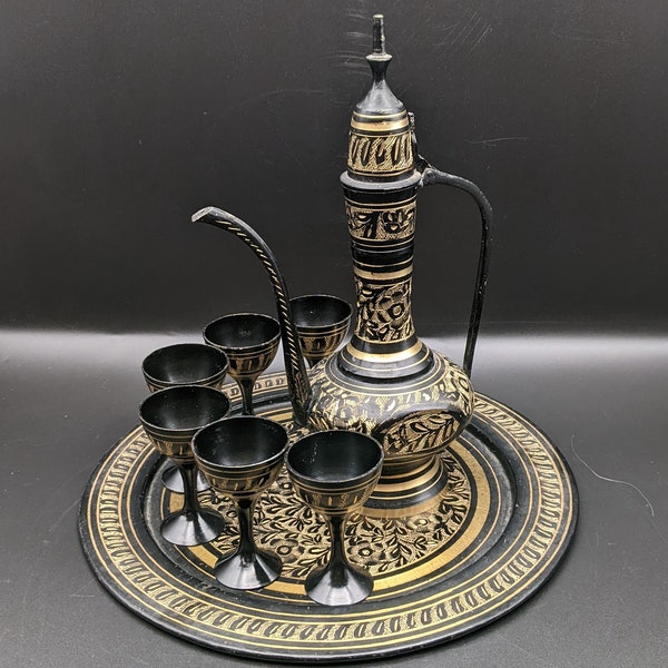 Indian Aftaba Surahi Black & Brass 8 Piece Set, Tray with Jug and Six Mini Goblets, Etched Brass Ethnic Tea/Wine Set, Decoration Only.