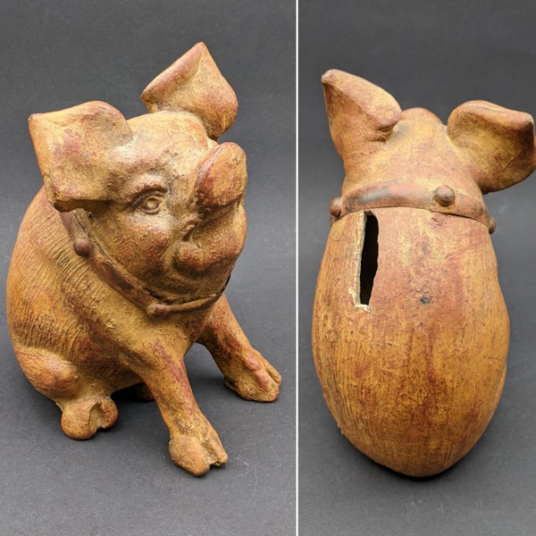 Vintage Mexican Piggy Bank with Metal Studded Collar, Folk Art Terracotta Pig Model 333.33, Mexico Rustic Clay Pig Coin Bank.