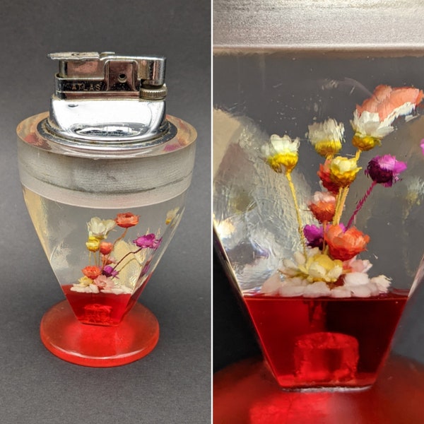 Vintage Lucite Table Lighter with Dried Flowers Detail, Atlas Brand Lighter Not Functioning, Vintage Kitsch and Collectible Lucite.