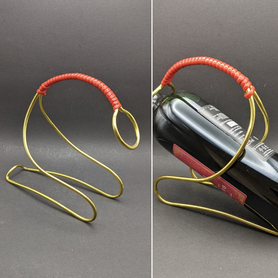 Retro Wine Bottle Holder, 1950's Brass Bottle Rest With Red Plastic