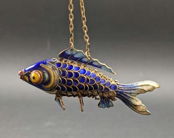 ヴィンテージ中国七宝焼きハンドメイド関節式魚キーチェーンペンダント