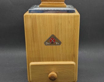 Moulin à café DE-VE 500, moulin à café hollandais moderne du milieu du siècle en bois et plaqué chrome, moulin à café à manivelle manuelle avec tiroir à marc.