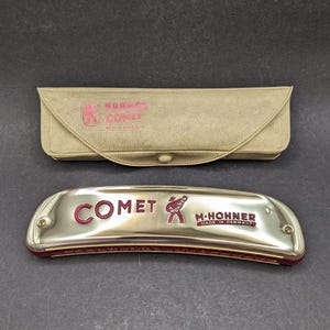 Könnte beinhalten: Eine silberfarbene M. Hohner Comet Mundharmonika mit roter Beschriftung und Logo, begleitet von einem beigen, strukturierten Etui mit demselben roten Branding. Die Mundharmonika hat einen geschwungenen Metallkörper mit sichtbaren Schrauben.