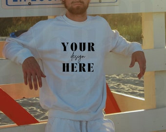 Gildan 18000 Mockup | White Sweatshirt | Sweatshirt Mockup | Lifestyle Mockup | Model Mockup | Beach Mockup | Nature Mockup | Fall Mockup