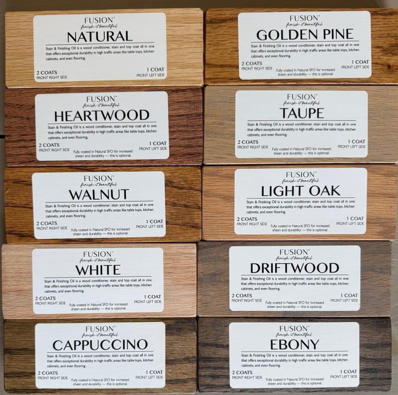 May include: Ten wood stain color samples with labels. The labels include the Fusion brand name, the color name, and instructions for applying the stain. The colors are: Natural, Golden Pine, Heartwood, Taupe, Walnut, Light Oak, White, Driftwood, Cappuccino, and Ebony.