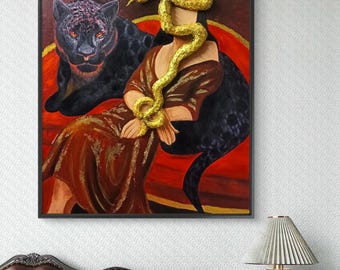 Between Instinct & Silence – gemengde techniek gouden slangenschilderij met zwarte panter (100 x 80 cm)