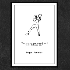 May include: Black and white line drawing of a tennis player holding a tennis racket with the quote "There is no way around hard work. Embrace it." and the text "Roger Federer" below the drawing.