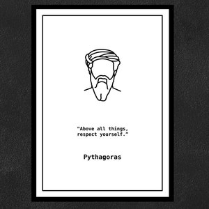 Puede incluir: Dibujo en blanco y negro de un hombre con barba y la cita "Por encima de todo, respétate a ti mismo." atribuida a Pitágoras.