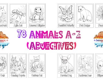 78 hojas para colorear de animales con adjetivos / Páginas imprimibles divertidas con temática de animales / Actividad relajante para todas las edades / PDF inspirado en la vida silvestre y la naturaleza