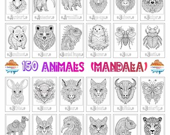 150 láminas para colorear de mandalas de animales / Láminas para colorear intrincadas en escala de grises, temática animal, arte de mandalas para la relajación, página de animales imprimible