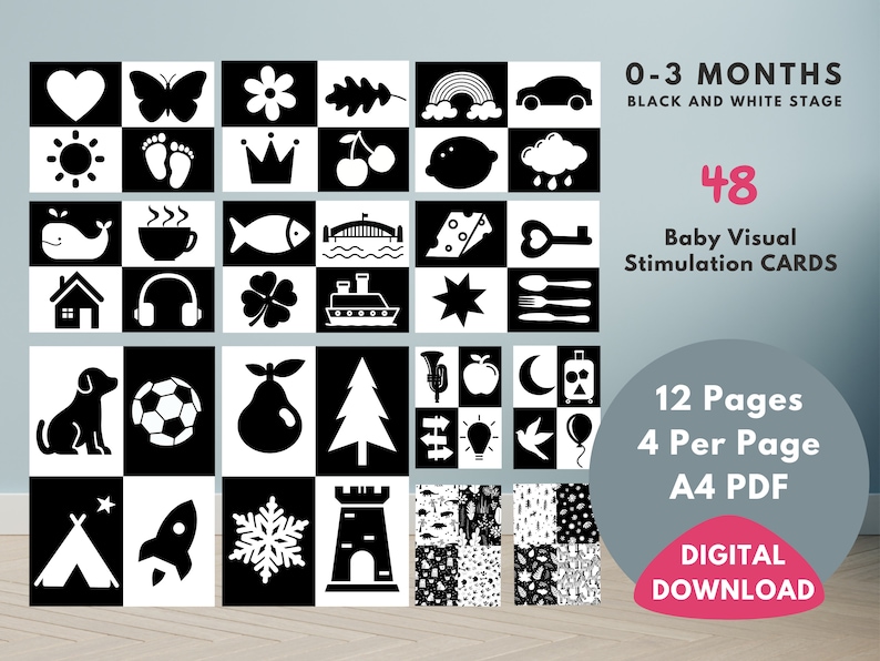 High Contrast Baby Sensory Flash Cards, Baby Sensory Black & White Cards, Newborn Baby and Baby