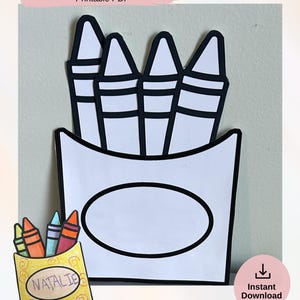 May include: A printable PDF activity featuring a black and white line art illustration of four crayons in a box. The text reads Create • Build • Play activity! Printable PDF, Instant Download, and Play Made Easy Halley Smith.