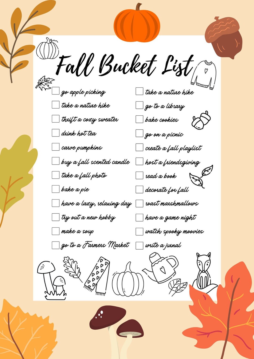 Fall Bucket List Printable Fall Activities Autumn Bucket List Fall List 