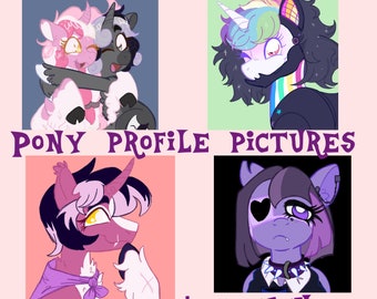 May include: Four digital illustrations of cartoon ponies with different hairstyles and clothing. The ponies are in a grid format with the text "PONY PROFILE PICTURES" above the grid and "$25 EACH" below the grid.