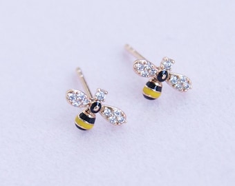 Tiny Bee Stud Earrings • CZ Honeybee Dainty Earrings • Minimalist