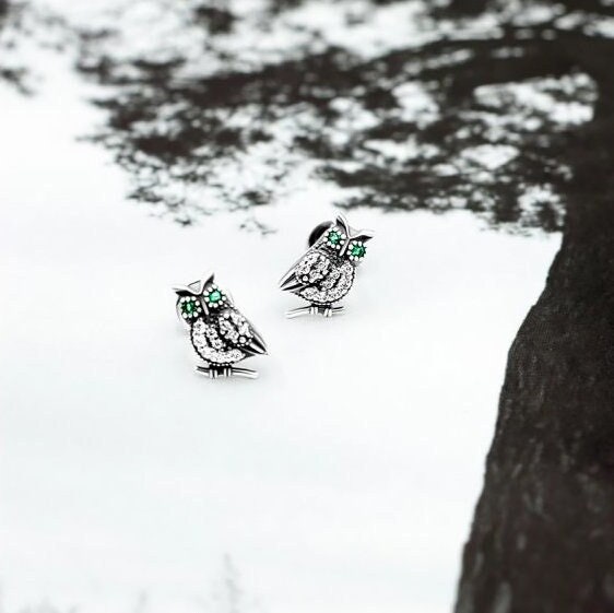 925 Silver Owl Witchy Small Stud Earrings with Green and Clear Rhinestones