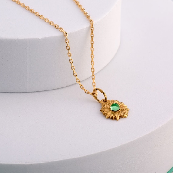 14k Gold Filled Sunflower Necklace with Green Peridot Stone