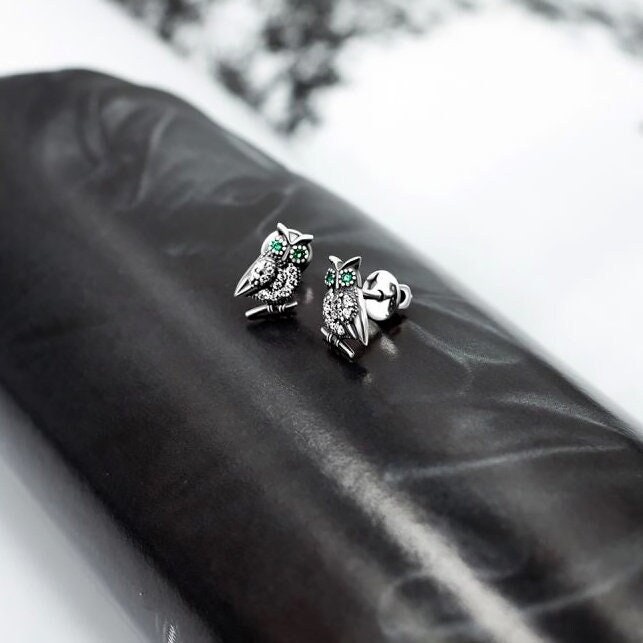 925 Silver Owl Witchy Small Stud Earrings with Green and Clear Rhinestones