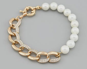 Halb Perle Halb Kettenarmband 18K Gold Filled | Cubic Zirkonia Chunky Link | Moderne Hybrid Perle Schmuck Geschenk