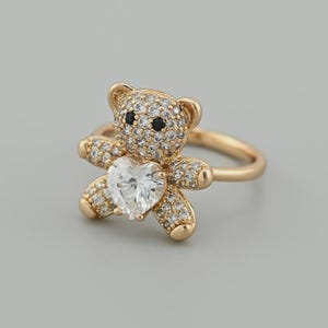 Cubic Zirconia Bear Ring | 18k Gold Filled & White Gold | Animal Jewelry | Teddy Bear Heart Ring