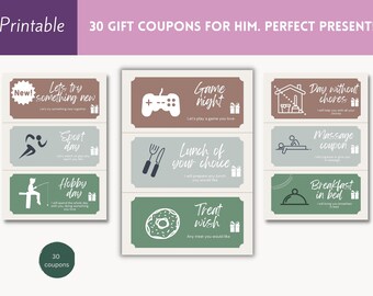 Coupons for Him - 30 Printable Gift Vouchers - Digital Download - Gift Certificate for Dads, Sons, Brothers, Boyfriends, Husbands