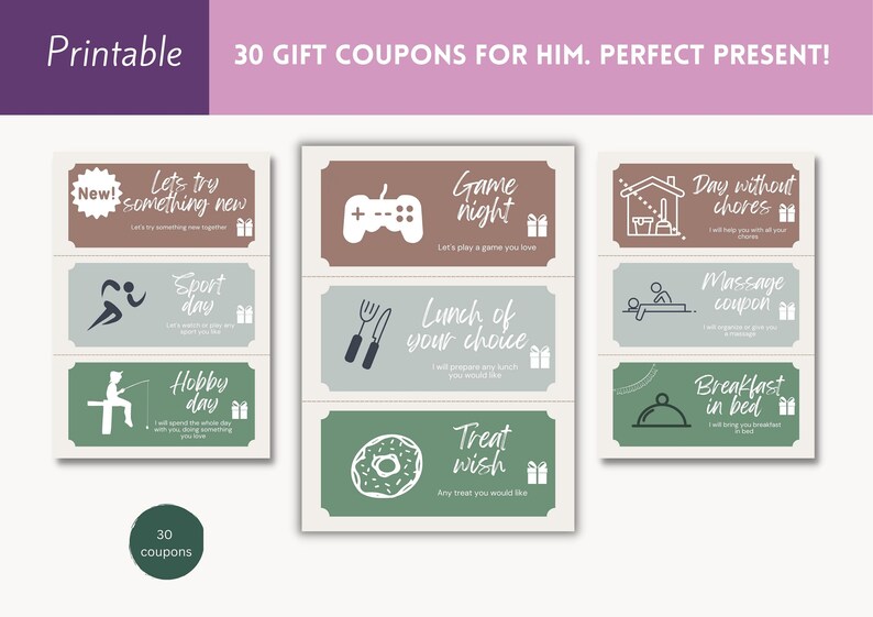 Coupons for Him 30 Printable Gift Vouchers Digital - Etsy
