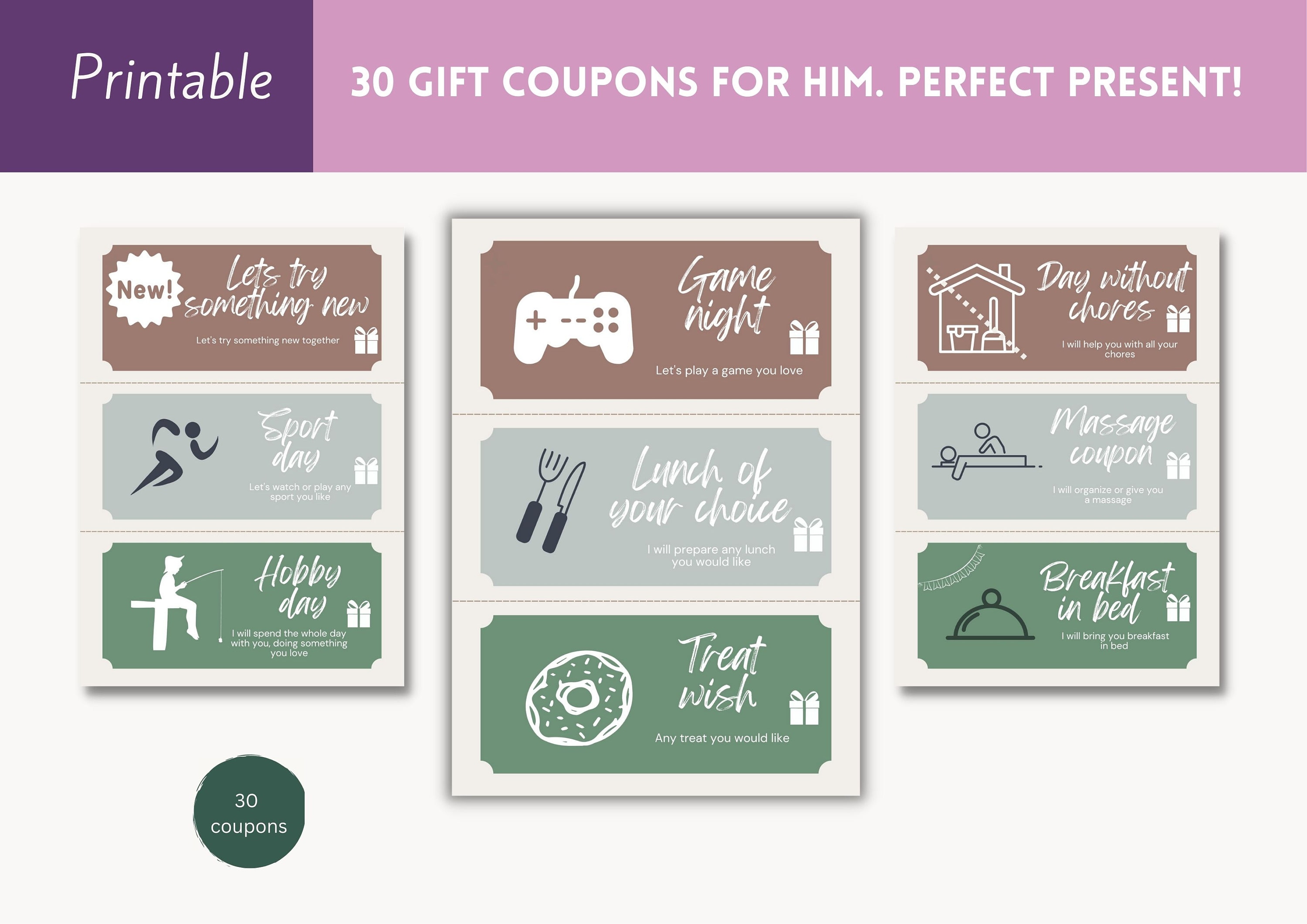 Coupons for Him 30 Printable Gift Vouchers Digital Etsy