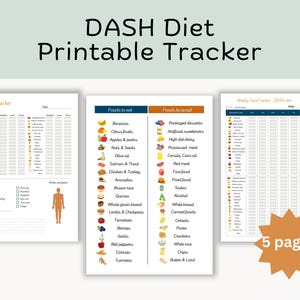Puede incluir: Un rastreador imprimible de la dieta DASH con el texto "DASH Diet Printable Tracker". La imagen muestra tres páginas: un rastreador diario, una lista de alimentos para comer y evitar, y un rastreador semanal de alimentos. La imagen está etiquetada como "5 páginas".